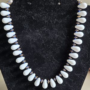 Miriam Haskell Necklace Milk Glass Bead White & Blue Glass Beaded Signed Vintage